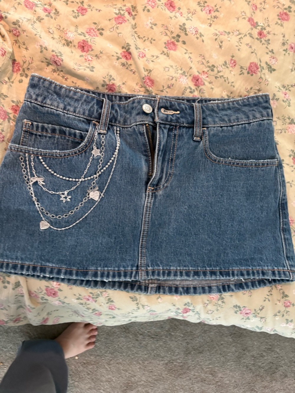 Hollister Blue Denim Mini Skirt with Chain Charm Detail